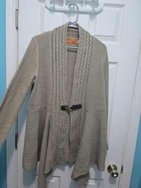 Cozy Cable-Trim Shawl Cardigan in Taupe